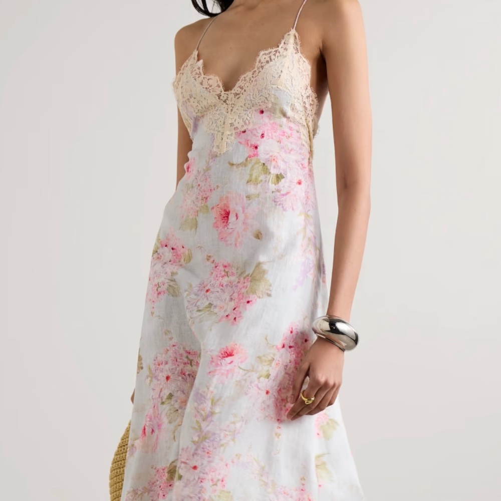 Zimmermann Cream Lace-Trim Floral Midi Slip Dress with Pink Blossoms